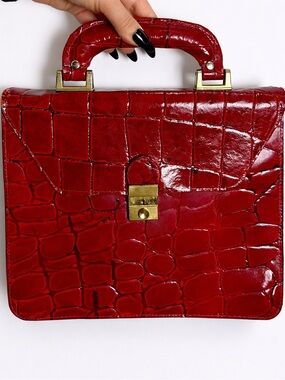 Red Croc-Embossed Patent Satchel Handbag